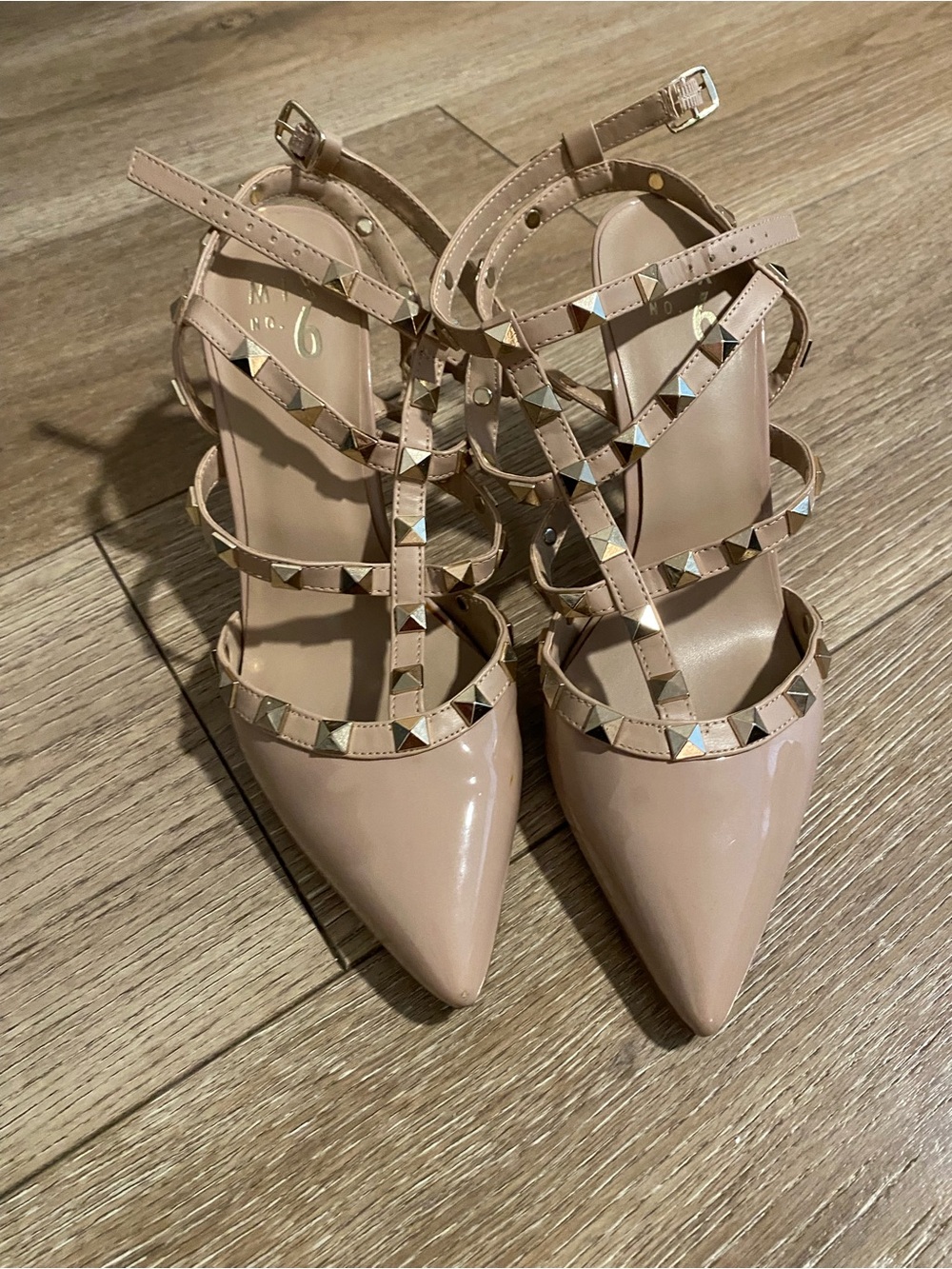 Mix No. 6 Nude Patent Pointed-Toe Studded Strappy Heels